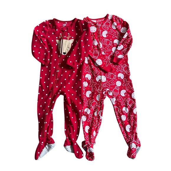 Red fleece holiday Christmas onesie pjs Kids One Piece Pajamas Set 3T girls boys - Picture 1 of 10